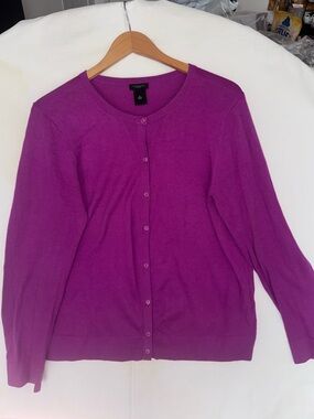 Ann Taylor Factory Purple Crewneck Button-Front Cardigan